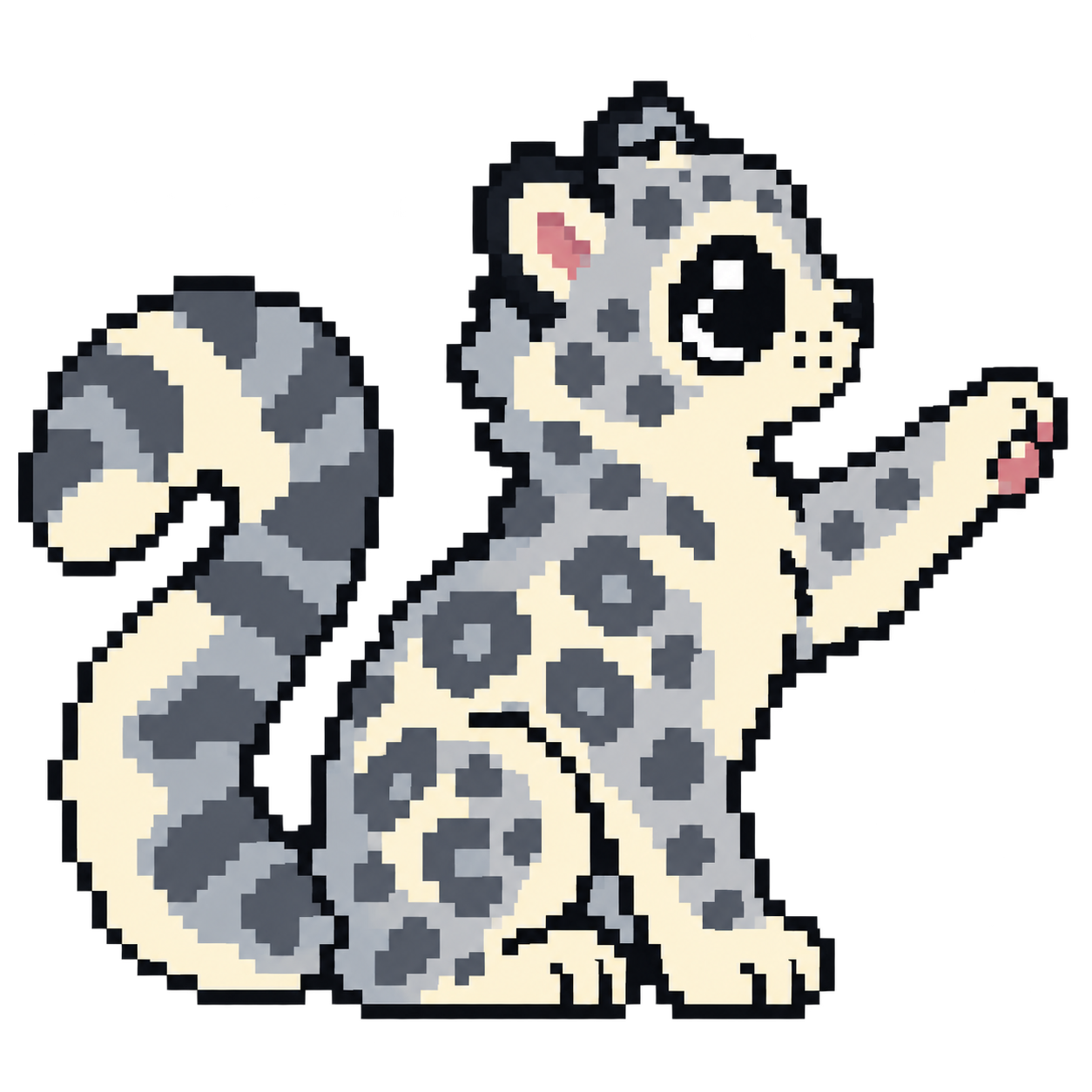 A wide-eyed pixel snow leopard in side profile, stretching one paw toward your reply.